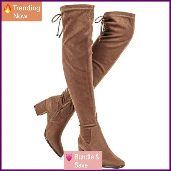 Square Toe Thigh High Boots 2.5 Inch Heel Suede Side Zipper